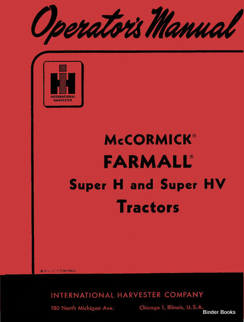 Operator's Manual for McCormick Farmall Super H & Super HV