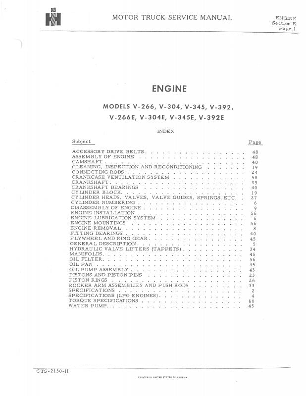 Engine Service Supplement for IH International Harvester V-266, V-304, V-345, V-392 Engine