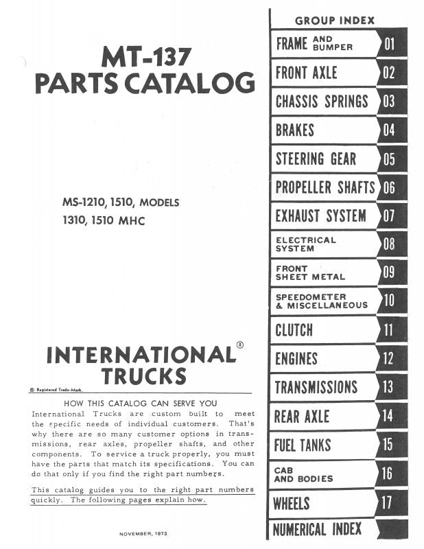 Parts Catalog for 1972-73  International MS-1210, 1510 Models and MHC-1310, 1510 Motor Home Chassis