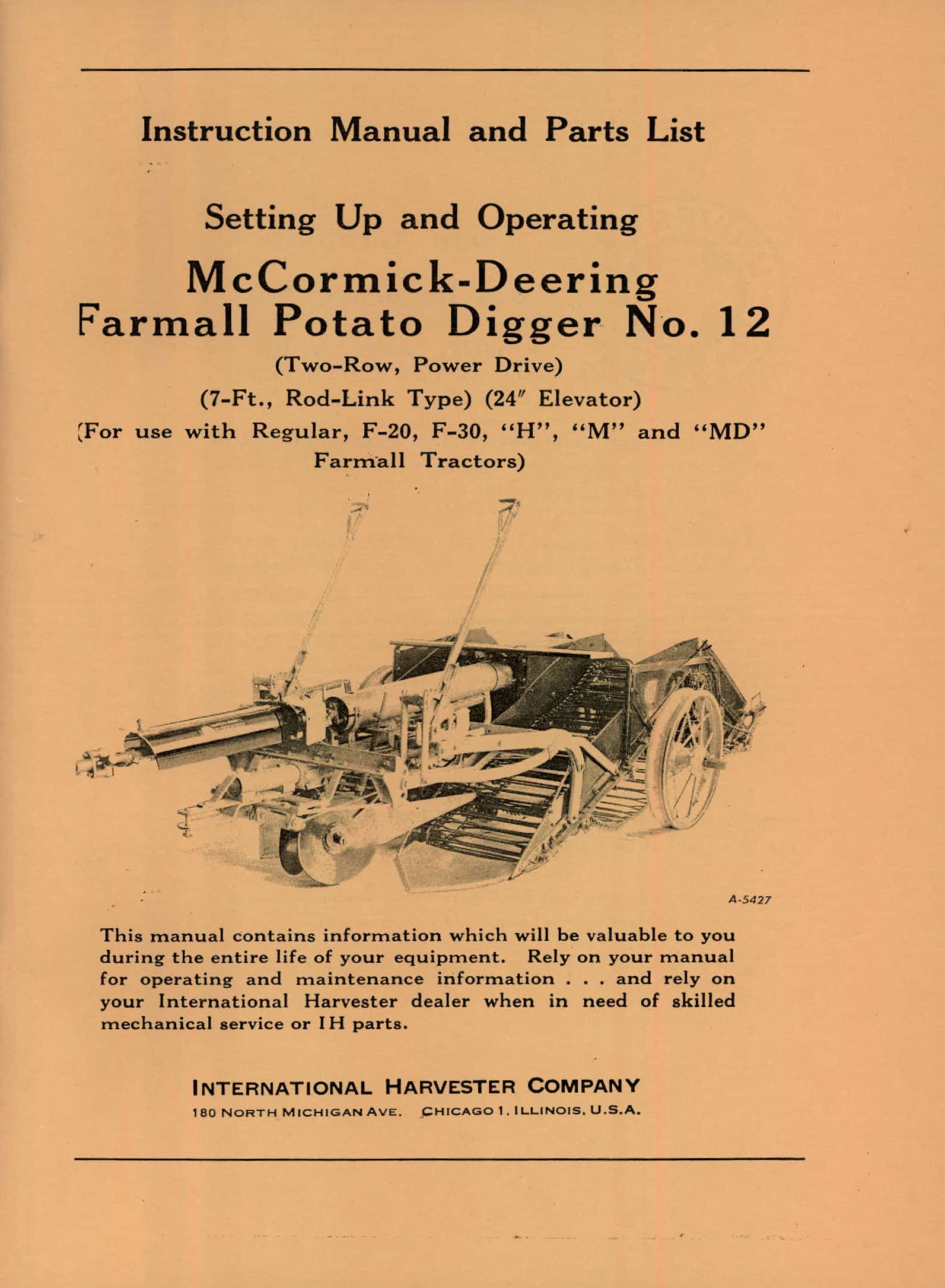 10 10-30 Potato Diggers Owner's & Parts Manual IH McCormick-Deering Farmall No 10 10-30 Potato Diggers Owner's & Parts Manual IH McCormick-Deering Farmall No