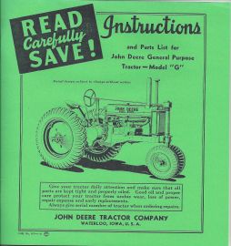 Instructions and Parts List for 1941 John Deere Model G Tractor